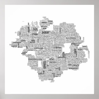 Black Typografiska Karta i Ulster, Irland Poster