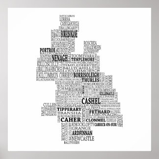 Black Typografiska Karta of Co. Tipperary, Irland Poster