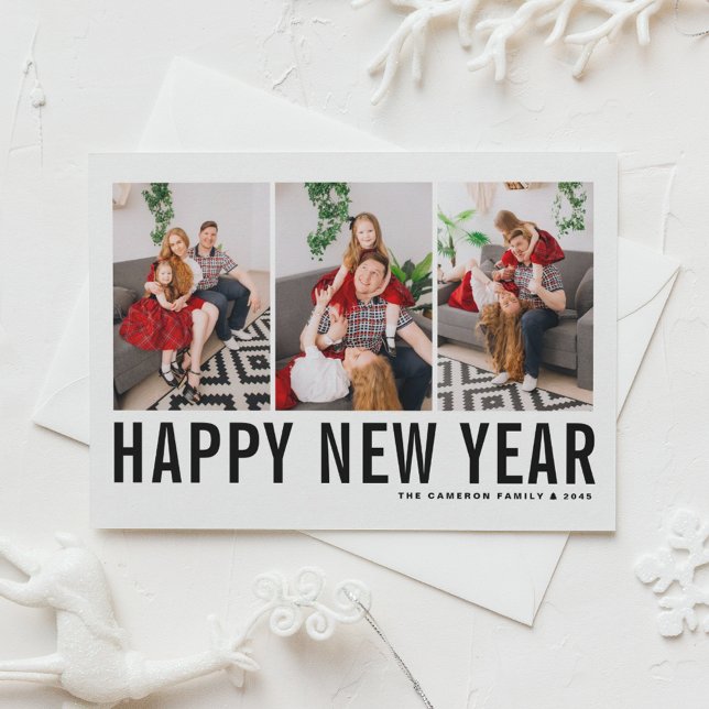 Black Typography Gott nytt år Photo Collage Julkort (Send new year cheer with this customizable black and white three-photo-collage Happy New Year Card. )