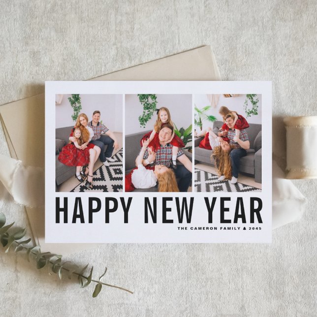 Black Typography Photo Collage Gott nytt år Helgkort (Send new year cheer with this customizable black and white three-photo-collage Happy New Year Card. )