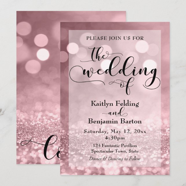 Black Typography & Ro Guld Glitter Bokeh Bröllop Inbjudningar (Fram/baksida)