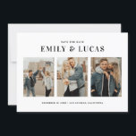 Black Typography Three Photo Collage Spara Datumet<br><div class="desc">Svart typografi tre fotokollage spara datumkortet | Lägg märke till ditt bröllop-datum med det här moderna Spara datumkortet. Den har enkel typografi och tre fotokollage. Det här fotot sparar datumet är ett perfekt för att visa dina favoritfoton på förlovningen. Perfekt för alla bröllop-teman.</div>