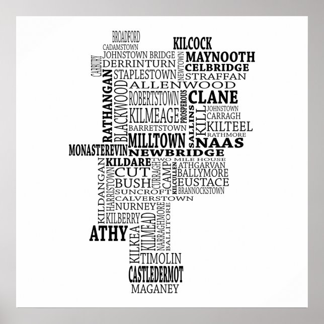 Black Typophy Karta of Co. Kildare, Irland Poster (Framsidan)