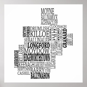 Black Typophy Karta of Co. Longford, Irland Poster