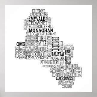Black Typophy Karta of Co. Monaghan, Irland Poster
