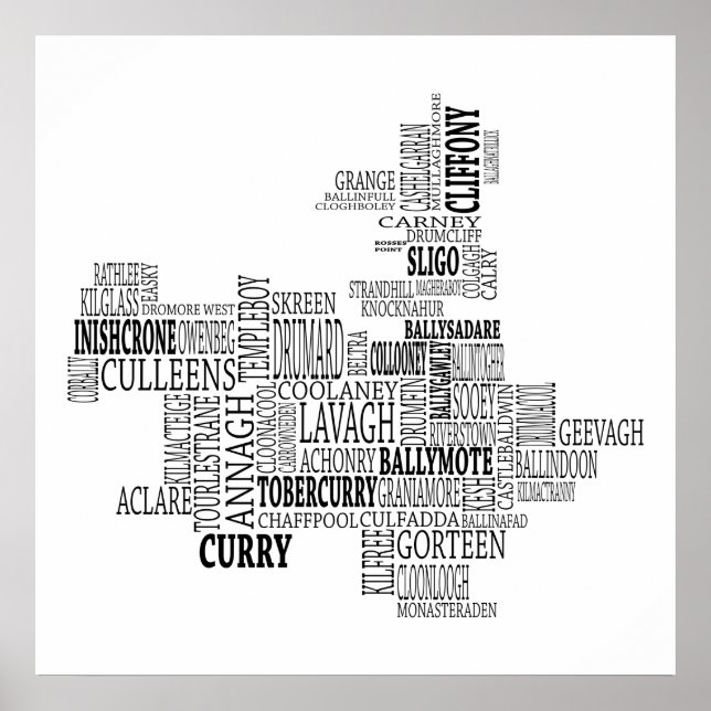 Black Typophy Karta of Co. Sligo, Irland Poster (Framsidan)