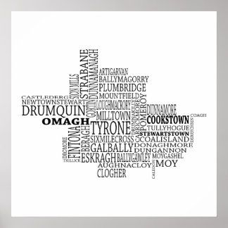 Black Typophy Karta of Co. Tyrone, Irland Poster