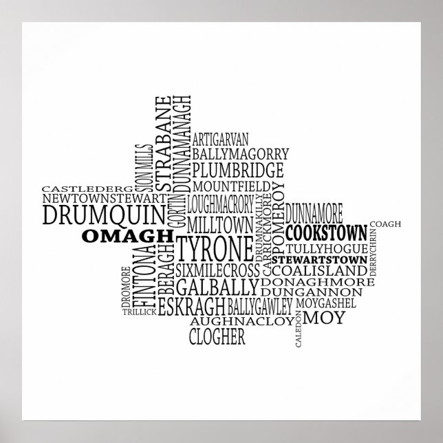 Black Typophy Karta of Co. Tyrone, Irland Poster (Framsidan)