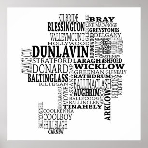 Black Typophy Karta of Co. Wicklow, Irland Poster