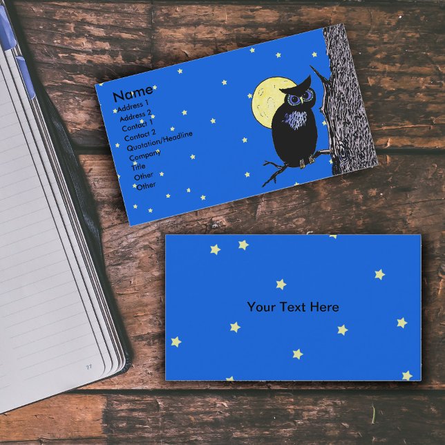 Black Uggla Träd Måne Stars Visitkort (Black owl in tree yellow full moon stars in blue night sky on business cards.)