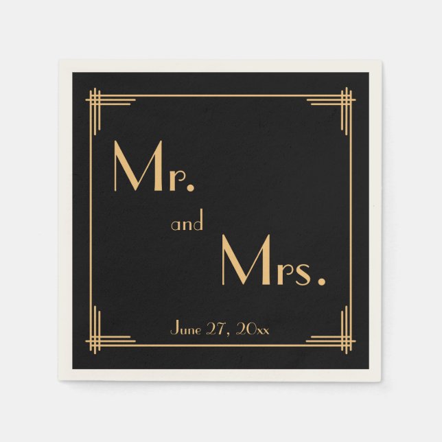 Black Underbar Gatsby Art Deco Ecru Bröllop Napkin Pappersservett (Framsidan)