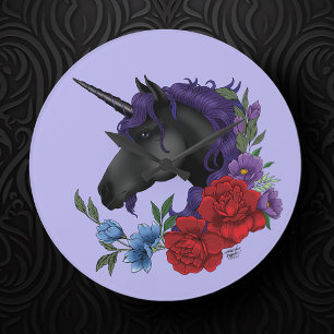 Black Unicorn and Flowers Stor Klocka