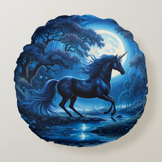 Black Unicorn Fantasy Full Moon Rund Kudde (Framsidan)