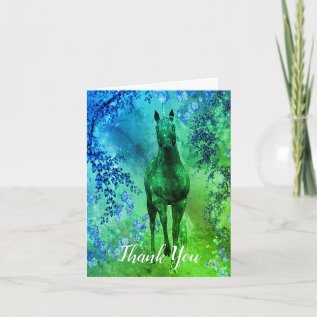 Black Unicorn Flowers Fantasy Art - tack ditt kort (Framsida)