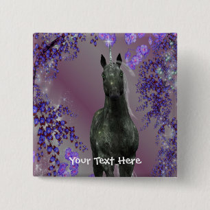 Black Unicorn Flowers Fantasy Button Knapp