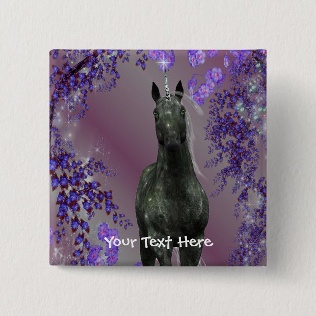 Black Unicorn Flowers Fantasy Button Knapp (Framsida)