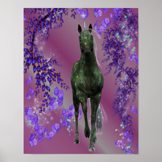 Black Unicorn Flowers Fantasy Horse Art Poster (Framsidan)