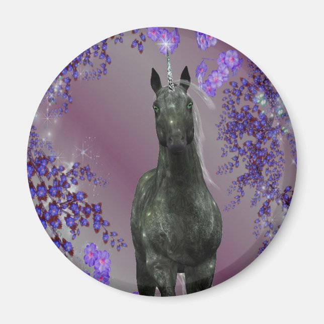 Black Unicorn Flowers Fantasy Magnet (Framsidan)
