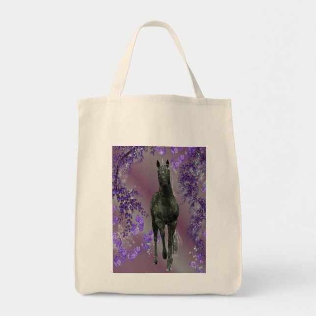 Black Unicorn Flowers Fantasy Tote Bag Tygkasse (Framsidan)