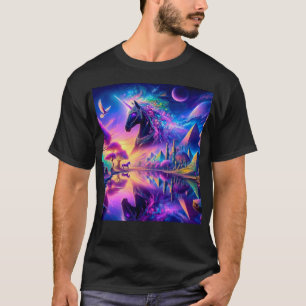 Black Unicorn i en Fantasy World med Pyramids T Shirt