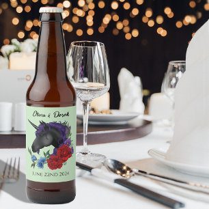 Black Unicorn Lila Red Sage Flowers Bröllop Ölflaska Etikett