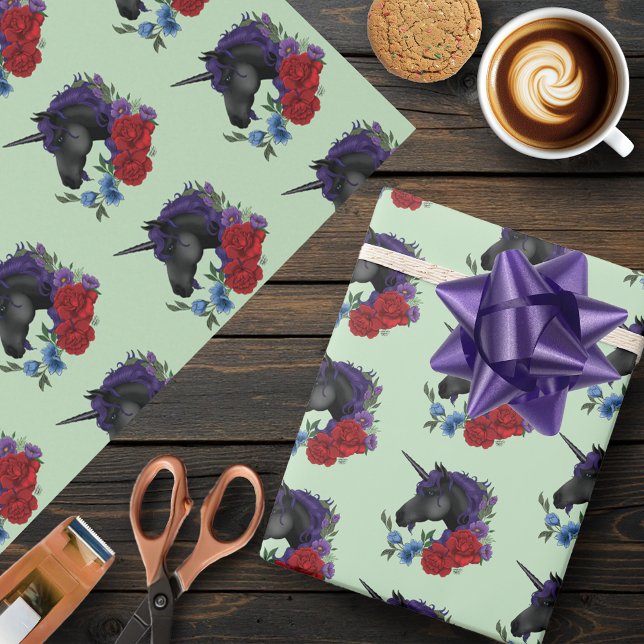 Black Unicorn Lila Red Sage Flowers Presentpapper (Skapare uppladdad)