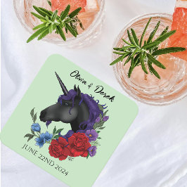 Black Unicorn Lila Red Sage Flowers Underlägg Papper Kvadrat