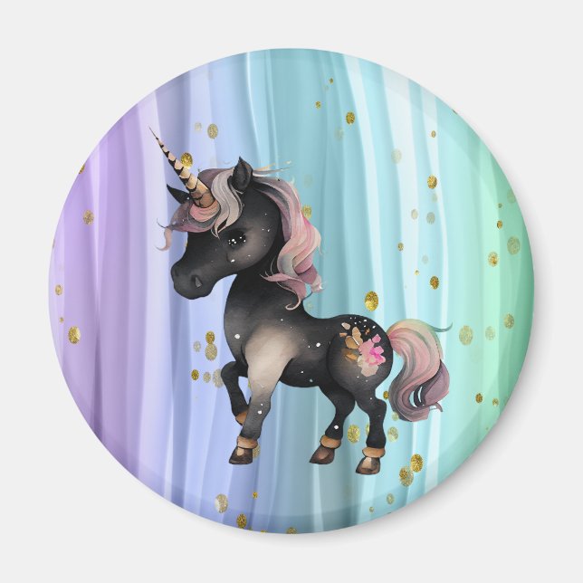 Black Unicorn Lila Rosa Svan Magnet (Framsidan)