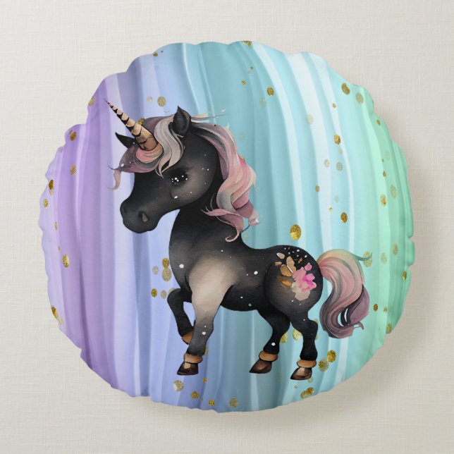 Black Unicorn Lila Rosa Svan Rund Kudde (Framsidan)