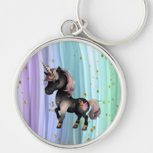 Black Unicorn Lila Rosa Svan Rund Silverfärgad Nyckelring