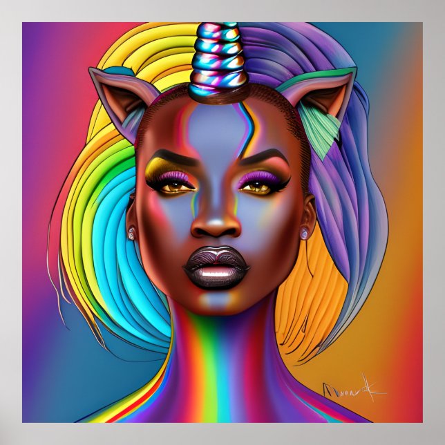 Black Unicorn Melanin Unicorns Afro Queen Krona Poster (Framsidan)