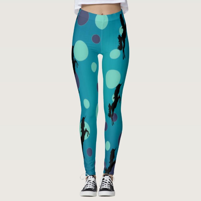 Black Unicorn Party Blue Dots Leggings (Framsida)