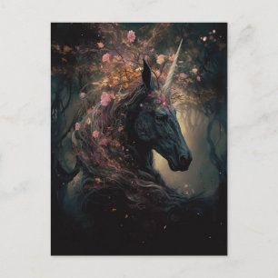 Black Unicorn Rosa Flowers Vykort