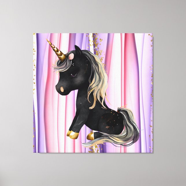Black Unicorn Rosa Öron Canvastryck (Framsida)