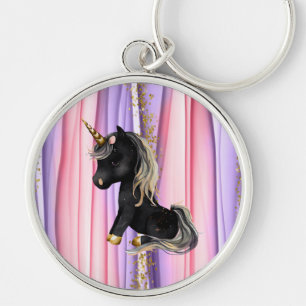 Black Unicorn Rosa Öron Rund Silverfärgad Nyckelring
