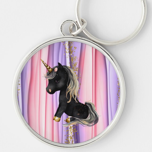 Black Unicorn Rosa Öron Rund Silverfärgad Nyckelring (Framsidan)