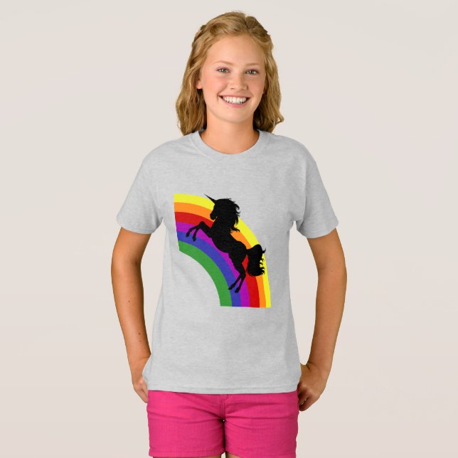 Black Unicorn Silhouette med Rainbow Girl's Shirt Tee Shirt (Hel framsida)