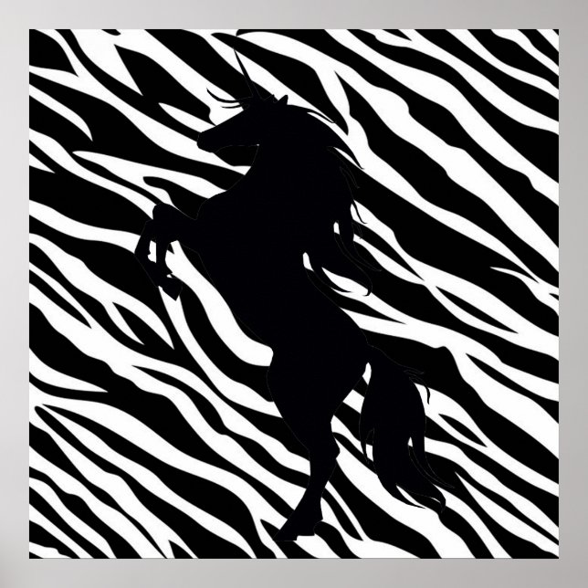 Black Unicorn Silhouette på Zebra tryck Poster (Framsidan)