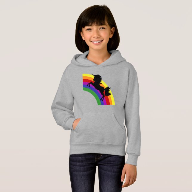 Black Unicorn Silhouette Rainbow Girls'Hoodie Tröja (Hel framsida)