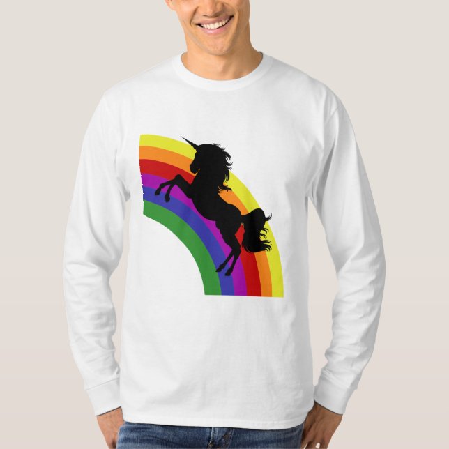Black Unicorn Silhouette Rainbow Manar Långärmad T-shirt (Framsida)