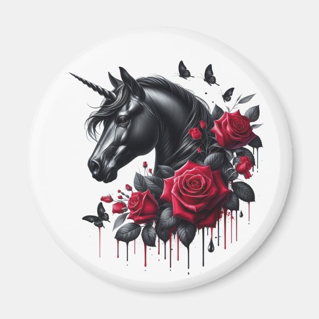 Black Unicorn Surrozed av Vibrant Röd ros Magnet (Framsidan)