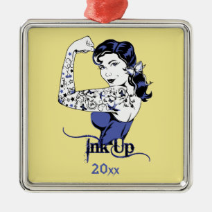 Bläck Up Girl med Tattoos Design Julgransprydnad Metall