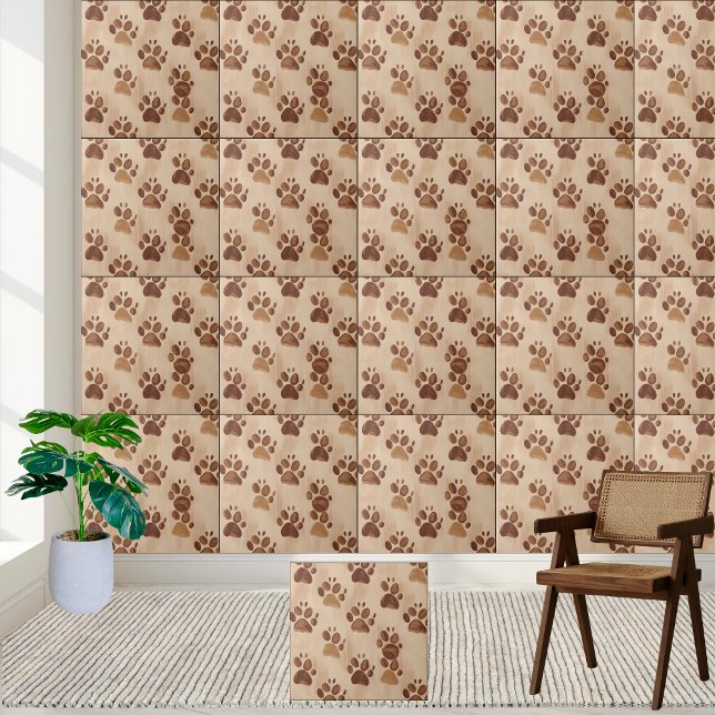 Bläck ut Mönster-panel Kakelplatta (Brown Paw Print Pattern Tile)