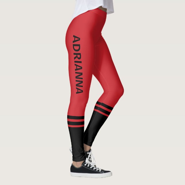 Black Vågrät Rand | NAMN | Röd brandmotor Leggings (Höger)