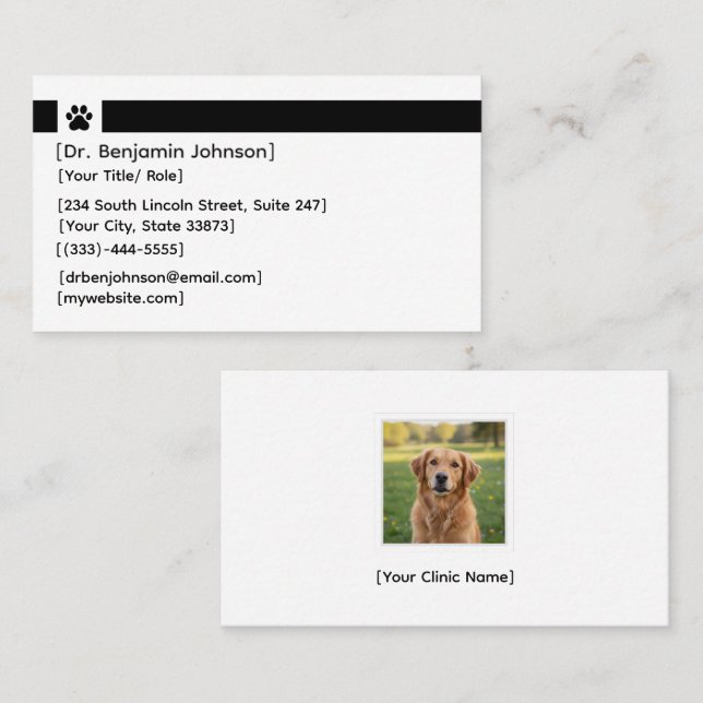 Black Veterinarian Business Card | Clinic Photo Visitkort (Fram/baksida)