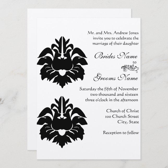 Black Victorian Damask Wedding Inbjudningar (Fram/baksida)