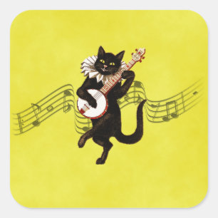 Black Vintage Cat som spelar Banjo på Musik noter Fyrkantigt Klistermärke
