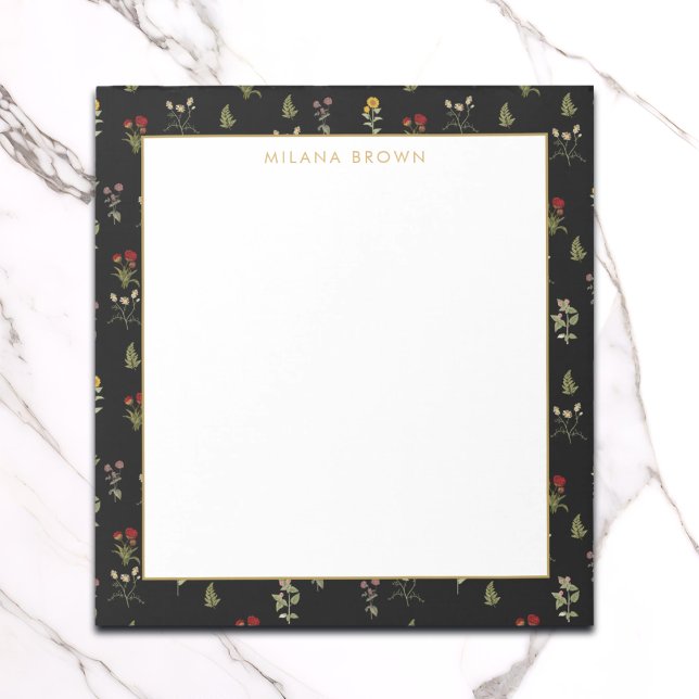 Black Vintage Wildblomma & Guld Namn Anteckningsblock (Skapare uppladdad)