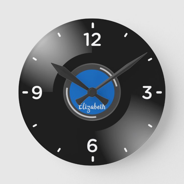 Black Vinyl Music Record Monogram Wall Clock Rund Klocka (Framsida)