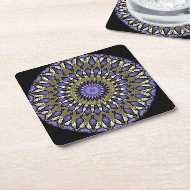 Black Violet Lila Faux Guld Mandala Mönster Underlägg Papper Kvadrat (Vinklad)